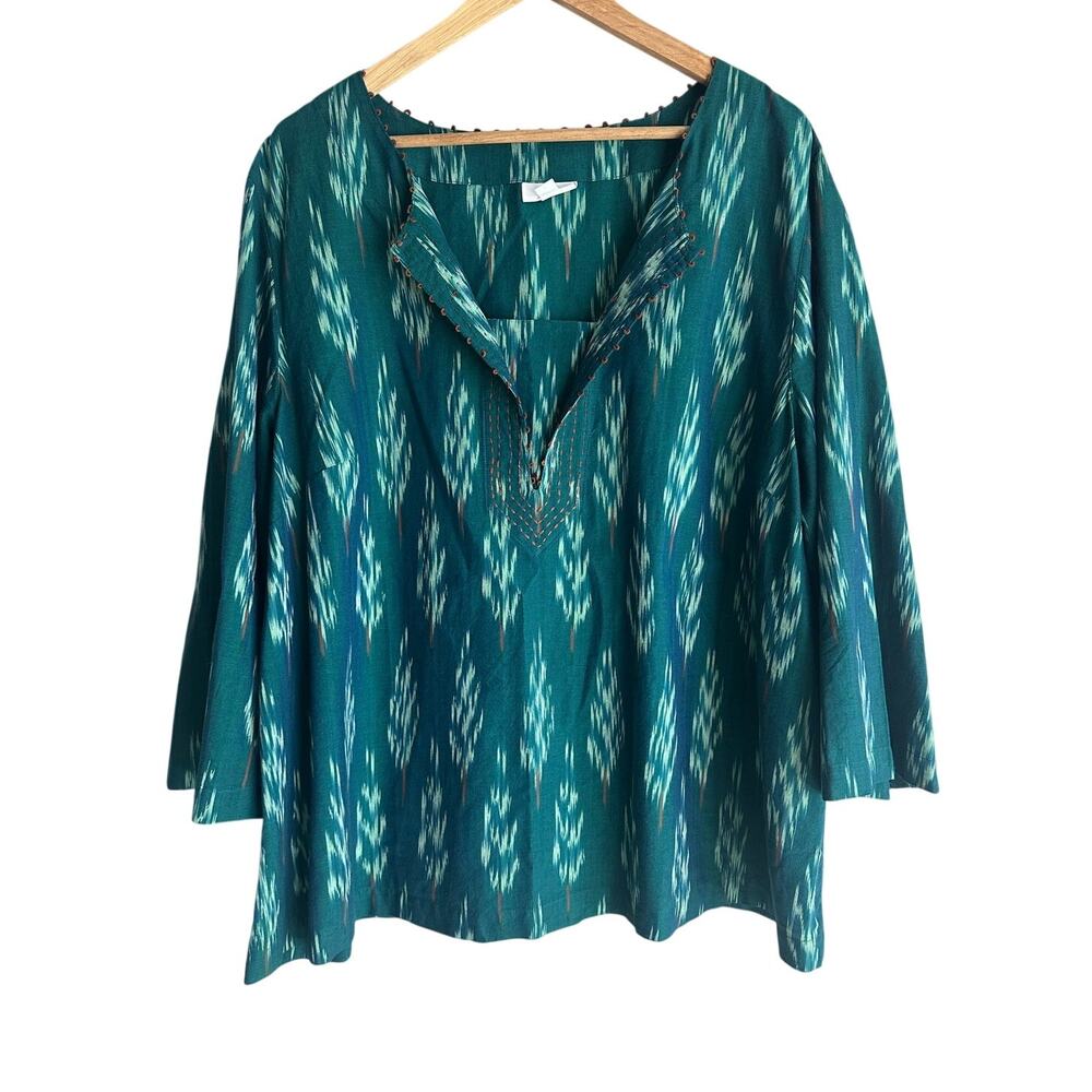 J. Jill Pure Jill Kantha Stitched Ikat 3/4 Sleeve Cotton Blouse 2X